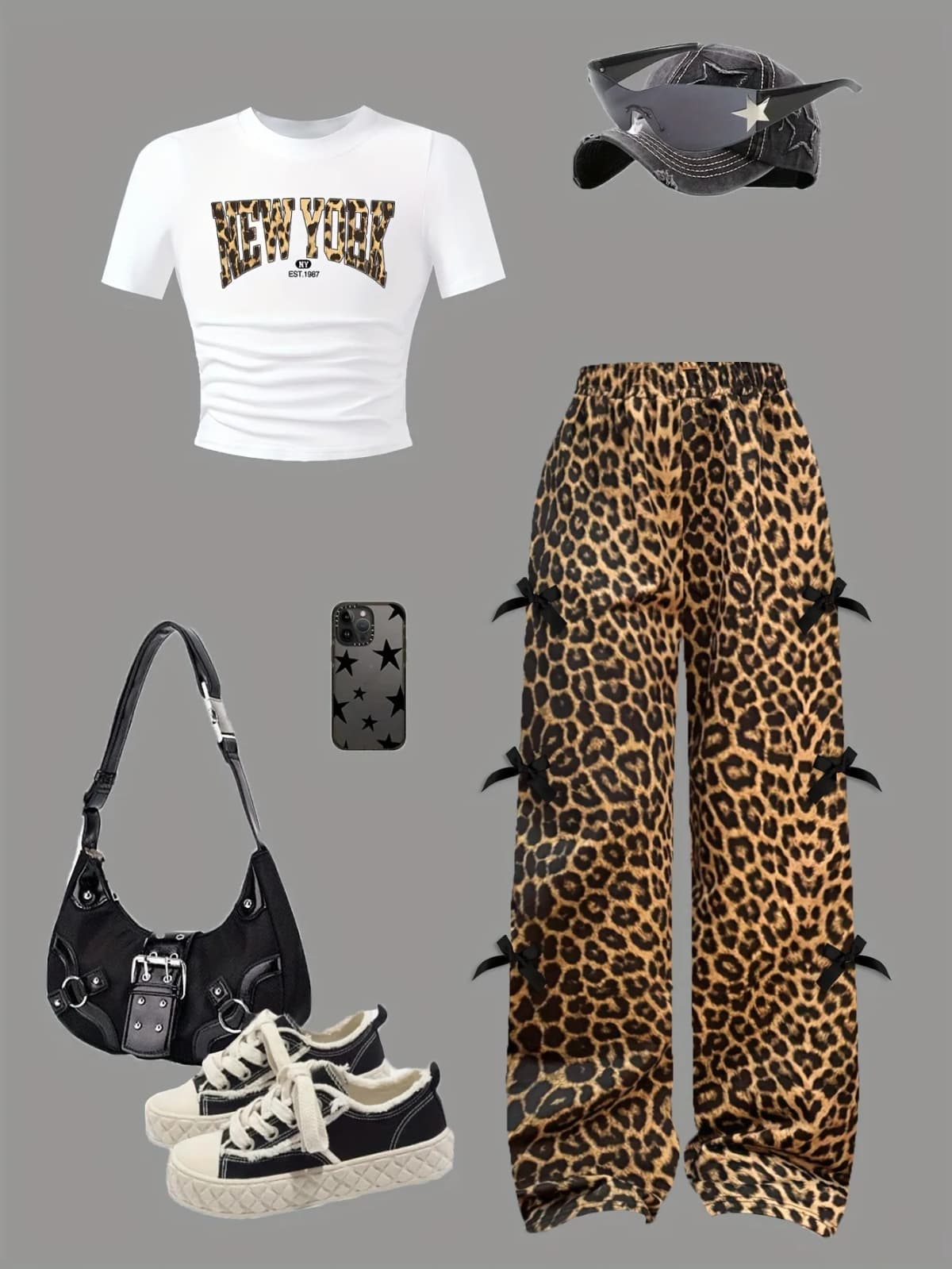 Comfy Girls 2-Piece Casual Set, Soft New York Print T-Shirt + Elastic Waist Leopard Bow Pants for Summer