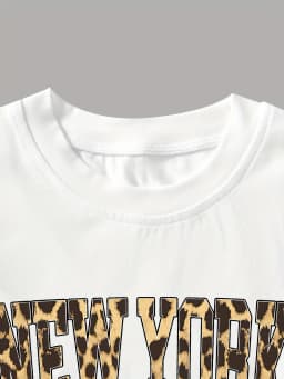 Comfy Girls 2-Piece Casual Set, Soft New York Print T-Shirt + Elastic Waist Leopard Bow Pants for Summer