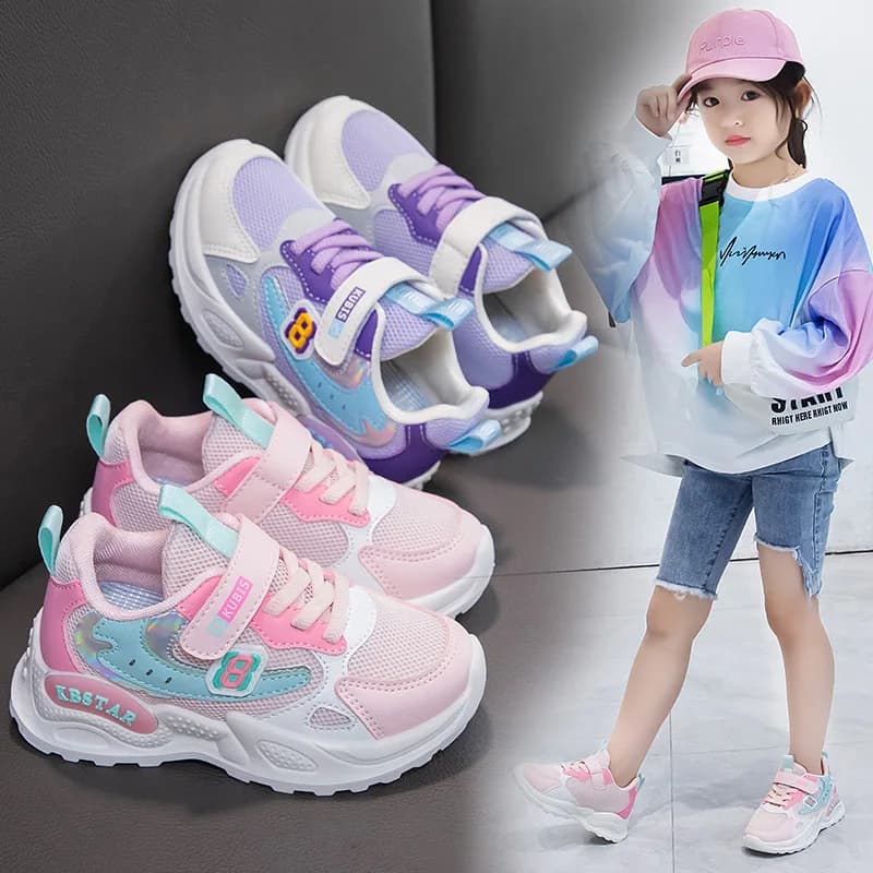 Girls Sports Shoes Kids Running Shoes Pink Breathable Air Mesh Heart Sweet Sneakers Cute Hook & Loop Children's Casual Shoes