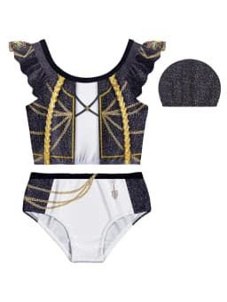 Girls' Swimsuit Set with Cartoon Print, Summer Beach Vacation Swimwear, Cute Ruffled Children's Swimsuit + Pants + Swimming Cap Three-Piece Set Suitable for Girls Aged 4-12