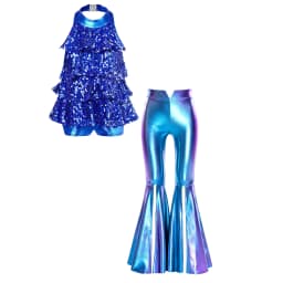 Kids Girls Shiny Jazz Dance Costume Halter Sequin Bodysuit Dress Metallic Flared Pants 70s Disco Latin Performance Dancewear