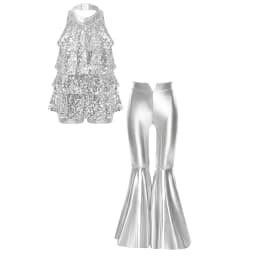 Kids Girls Shiny Jazz Dance Costume Halter Sequin Bodysuit Dress Metallic Flared Pants 70s Disco Latin Performance Dancewear