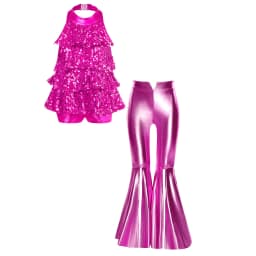 Kids Girls Shiny Jazz Dance Costume Halter Sequin Bodysuit Dress Metallic Flared Pants 70s Disco Latin Performance Dancewear