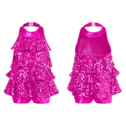 Kids Girls Shiny Jazz Dance Costume Halter Sequin Bodysuit Dress Metallic Flared Pants 70s Disco Latin Performance Dancewear