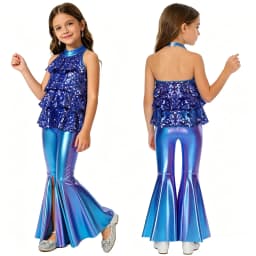 Kids Girls Shiny Jazz Dance Costume Halter Sequin Bodysuit Dress Metallic Flared Pants 70s Disco Latin Performance Dancewear
