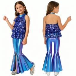Kids Girls Shiny Jazz Dance Costume Halter Sequin Bodysuit Dress Metallic Flared Pants 70s Disco Latin Performance Dancewear