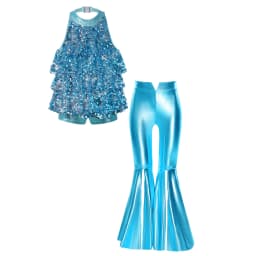 Kids Girls Shiny Jazz Dance Costume Halter Sequin Bodysuit Dress Metallic Flared Pants 70s Disco Latin Performance Dancewear