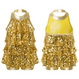 Kids Girls Shiny Jazz Dance Costume Halter Sequin Bodysuit Dress Metallic Flared Pants 70s Disco Latin Performance Dancewear