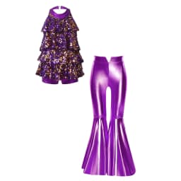 Kids Girls Shiny Jazz Dance Costume Halter Sequin Bodysuit Dress Metallic Flared Pants 70s Disco Latin Performance Dancewear