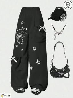 Girls' fashion casual trousers, girls' spring, summer, autumn and winter loose straight-leg pants with a kitten pocket design