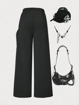 Girls' fashion casual trousers, girls' spring, summer, autumn and winter loose straight-leg pants with a kitten pocket design