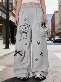 Girls' fashion casual trousers, girls' spring, summer, autumn and winter loose straight-leg pants with a kitten pocket design