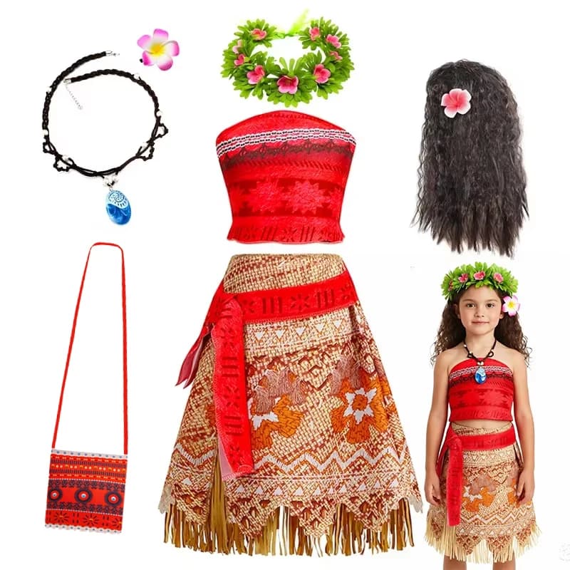 Girls Moana Princess Dress for Kids Carnival Cosplay Vaiana Costume Children Birthday Party Headwear Necklace Flower Clothes Set