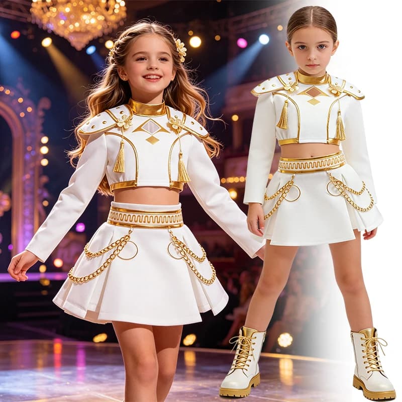 Girls White And Gold Cosplay Costume Set Shoulder Pads Chain Skirt For Halloween Birthday Party Role Play