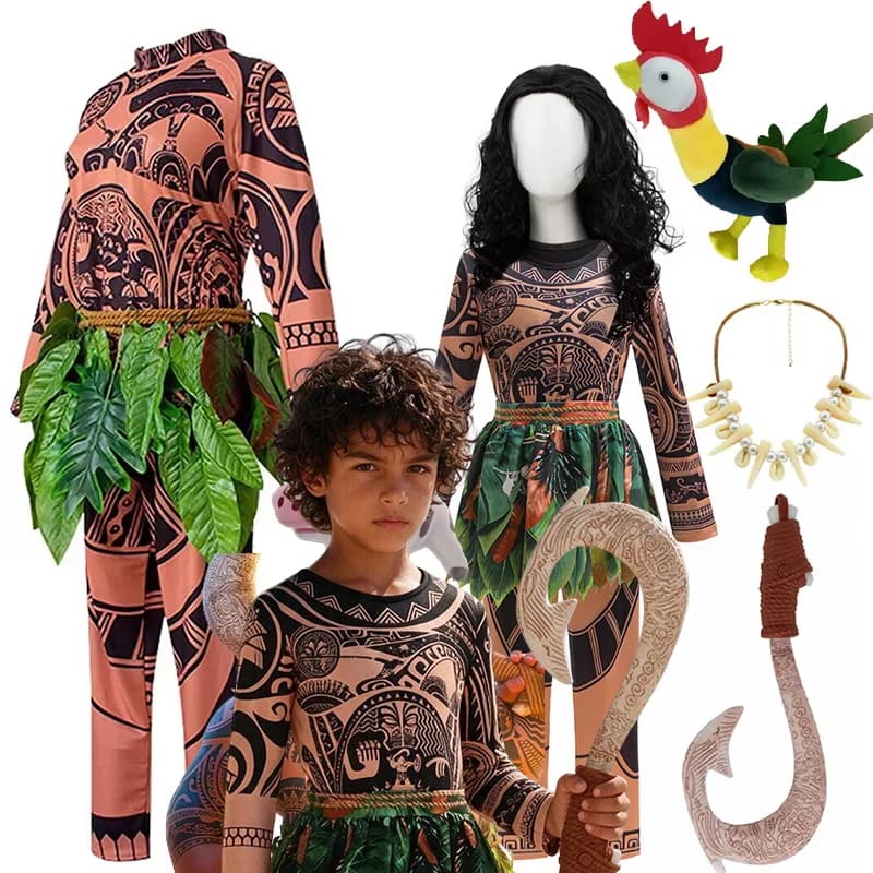 Moana Adult Children Demi God Maui Tattoo Costume Set Halloween Carnival Cosplay TattooTops Pants Outfit For Boys Men Summer
