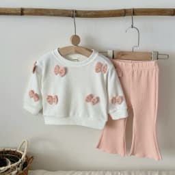Autumn Toddler Baby Girls Outfit Bowknot Decor Long Sleeve Sweatshirt Pink Flare Pants Spring Clothes Baby Newborn Items