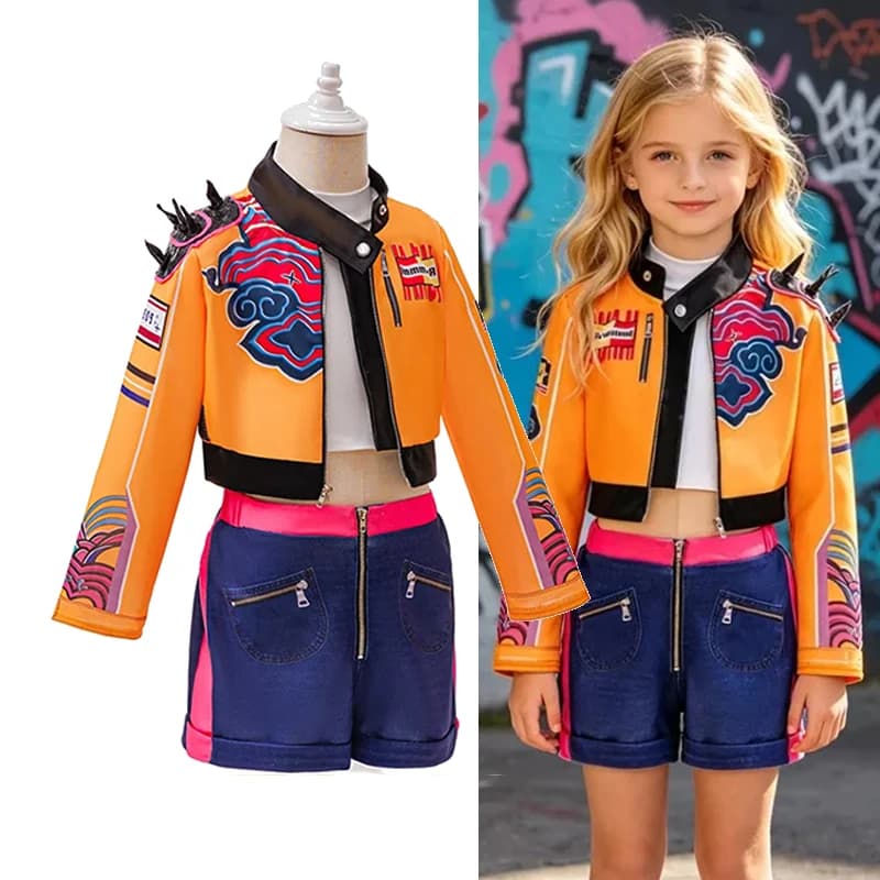Girls Street Style Cosplay Set Cropped Jacket Denim Shorts Kids Outfit for Halloween Carnival Birthday Theme Party Dress-Up