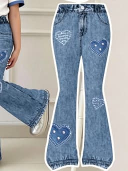 Girls' Summer and Autumn Casual Outfit Set: Girls' Heart-Print Two-Piece Set with Contrasting Color Trim Short-Sleeve T-Shirt + Faux Denim Flared Pants Set, Suitable for Girls Aged 4-12, for Home and Outing Wear