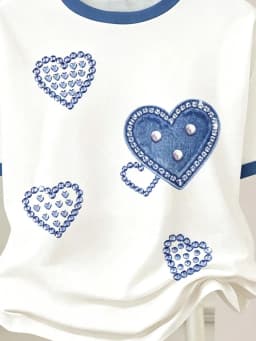 Girls' Summer and Autumn Casual Outfit Set: Girls' Heart-Print Two-Piece Set with Contrasting Color Trim Short-Sleeve T-Shirt + Faux Denim Flared Pants Set, Suitable for Girls Aged 4-12, for Home and Outing Wear
