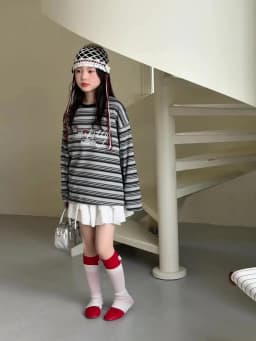 Girls' T-shirt Spring and Autumn Style Western Style Girls' Big Kids Striped Long Sleeve Loose Bottom Shirt Children's Super Bea