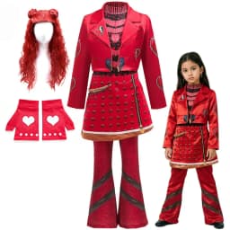 2026 New Movie Cosplay Outfit Girls Red Heart Printed 4Pcs Dress Set Jacket+Top+Skirt+Pants Halloween Costume Descendant Cosplay