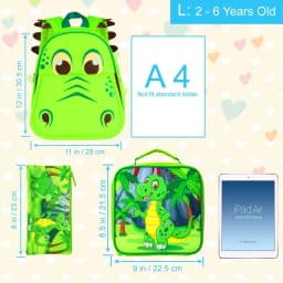 3PCS Toddler Backpack and Lunch Box for Boys, 12" Dinosaur Preschool Kids Bookbag, Cute Animal Kindergarten Schoolbag