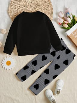 Fashion Girls 2 Pack Heart Graphic Sweatshirt Set Black Crewneck Top & Grey Heart Leggings Street Style