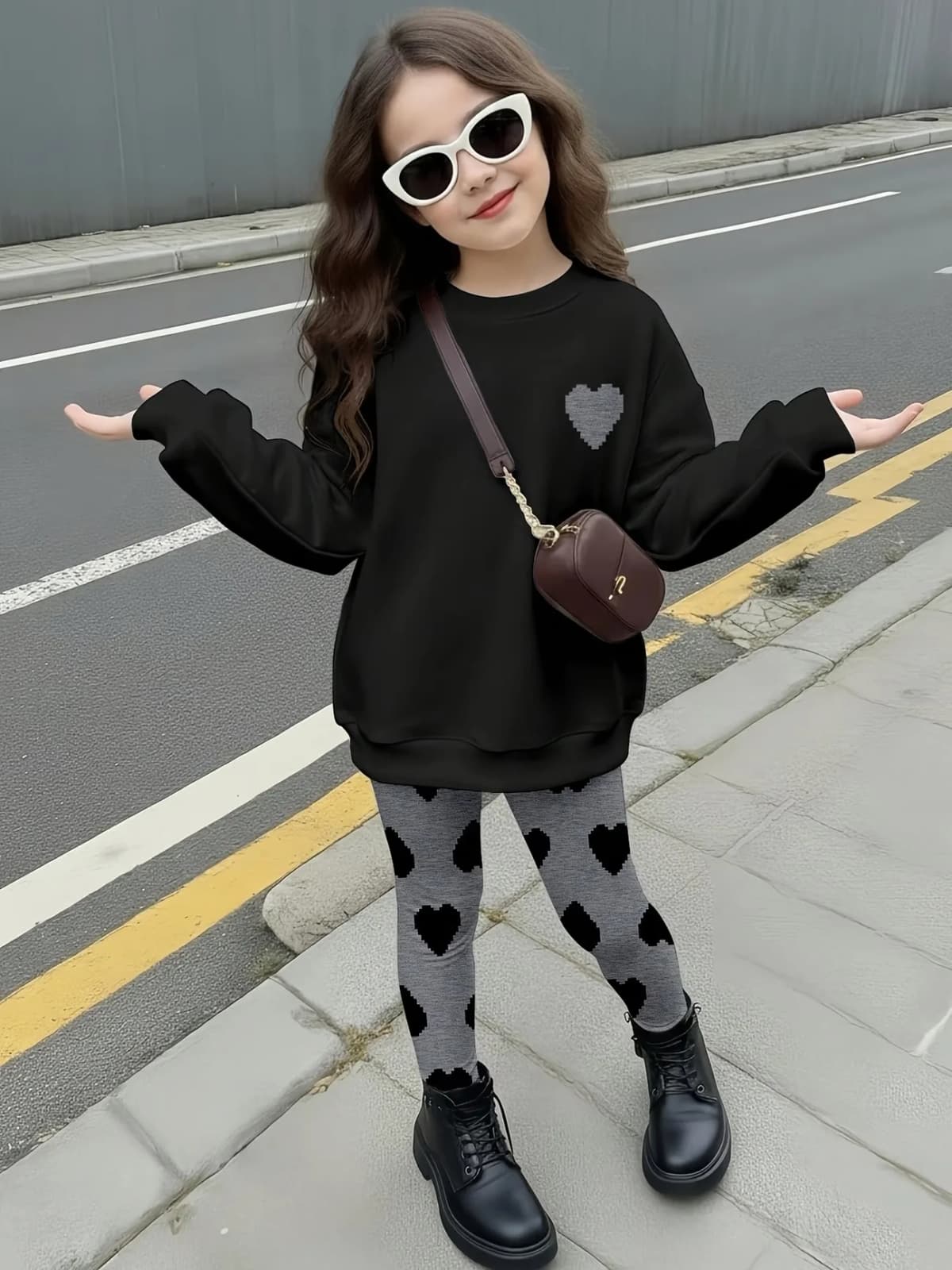 Fashion Girls 2 Pack Heart Graphic Sweatshirt Set Black Crewneck Top & Grey Heart Leggings Street Style