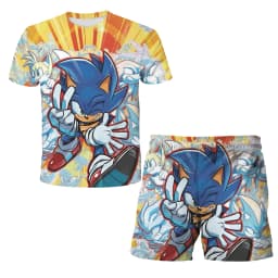New Boys T-shirt Sonic The Hedgehog 3D T-shirt Set for Boys Girls Cute Summer Top + Shorts Children's Short-Sleeve Birthday Gift