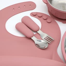 Silicone Stainless Steel Tableware 7-Piece Set, Bib, Plate, Bowl, Stainless Steel Spoon, Fork, Multifunctional Water Cup Set