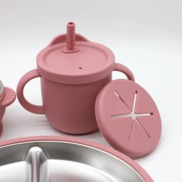 Silicone Stainless Steel Tableware 7-Piece Set, Bib, Plate, Bowl, Stainless Steel Spoon, Fork, Multifunctional Water Cup Set