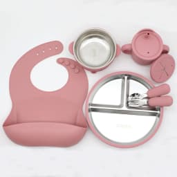 Silicone Stainless Steel Tableware 7-Piece Set, Bib, Plate, Bowl, Stainless Steel Spoon, Fork, Multifunctional Water Cup Set