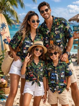 Summer Men's Family Wear Hawaiian Style Shirt Summer Coconut Tree Graphics Short Sleeve Shirt Vacation Parent-Child Gift Shirt