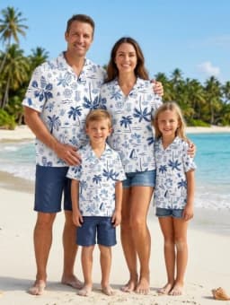 Summer Men's Family Wear Hawaiian Style Shirt Summer Coconut Tree Graphics Short Sleeve Shirt Vacation Parent-Child Gift Shirt