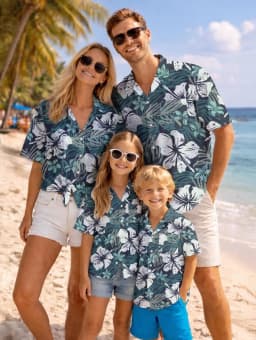 Summer Men's Family Wear Hawaiian Style Shirt Summer Coconut Tree Graphics Short Sleeve Shirt Vacation Parent-Child Gift Shirt