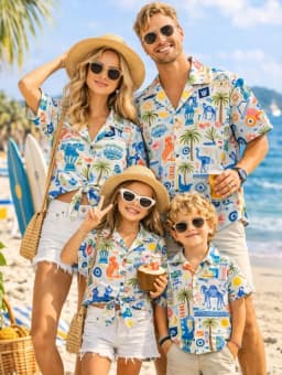 Summer Men's Family Wear Hawaiian Style Shirt Summer Coconut Tree Graphics Short Sleeve Shirt Vacation Parent-Child Gift Shirt
