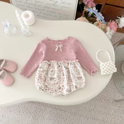 Autumn Baby Girl Long-Sleeved Triangular One-Piece Dress With Patchwork Printed Climbing Suit