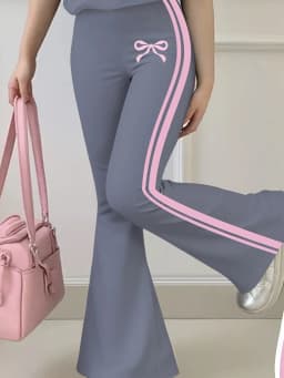 Girls' Summer Casual Outfit: Bow Print Short-Sleeve T-Shirt + Flared Long Pants Two-Piece Set with Pink Trim and Bow Print, Fashionable and Versatile, Suitable for Girls Aged 4-12, for Home and Outdoor Wear