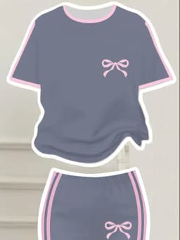 Girls' Summer Casual Outfit: Bow Print Short-Sleeve T-Shirt + Flared Long Pants Two-Piece Set with Pink Trim and Bow Print, Fashionable and Versatile, Suitable for Girls Aged 4-12, for Home and Outdoor Wear
