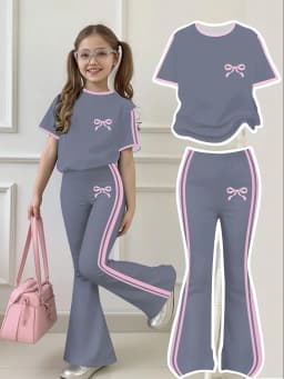 Girls' Summer Casual Outfit: Bow Print Short-Sleeve T-Shirt + Flared Long Pants Two-Piece Set with Pink Trim and Bow Print, Fashionable and Versatile, Suitable for Girls Aged 4-12, for Home and Outdoor Wear
