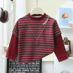 1-10Y Korean Style Kids Boys Striped Top Cotton Splicing Loose Basic Kids T-Shirt Autumn Soft Breathable Children Clothes
