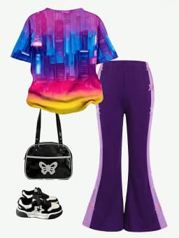 Trendy Girls 2Pcs Y2K Casual Suit, Vibrant K-pop Idol Full Print Short Sleeve Top, Star Sticker Decor Elastic Waist Purple Bell-