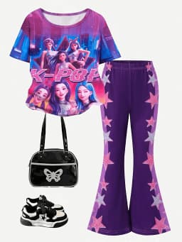 Trendy Girls 2Pcs Y2K Casual Suit, Vibrant K-pop Idol Full Print Short Sleeve Top, Star Sticker Decor Elastic Waist Purple Bell-