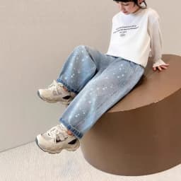 2026 Spring Autumn Kids Girl Jeans  Trendy Loose Casual Kids Denim Pants with Embellishments Children Girls Shiny Trousers
