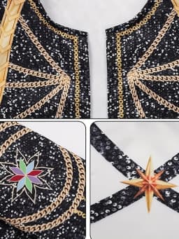 Kids Girls 3-Piece Stage Outfit, Black Gold Trim Cropped Jacket + White Crop Top + Chain Detail Shorts for Dance Performance
