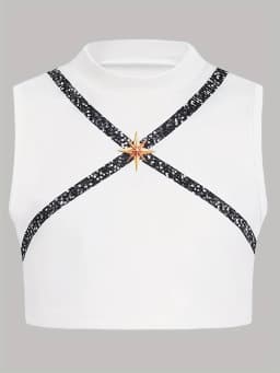 Kids Girls 3-Piece Stage Outfit, Black Gold Trim Cropped Jacket + White Crop Top + Chain Detail Shorts for Dance Performance