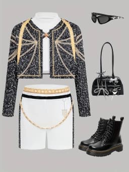 Kids Girls 3-Piece Stage Outfit, Black Gold Trim Cropped Jacket + White Crop Top + Chain Detail Shorts for Dance Performance