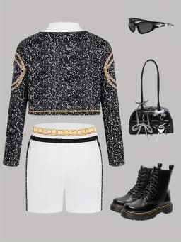 Kids Girls 3-Piece Stage Outfit, Black Gold Trim Cropped Jacket + White Crop Top + Chain Detail Shorts for Dance Performance