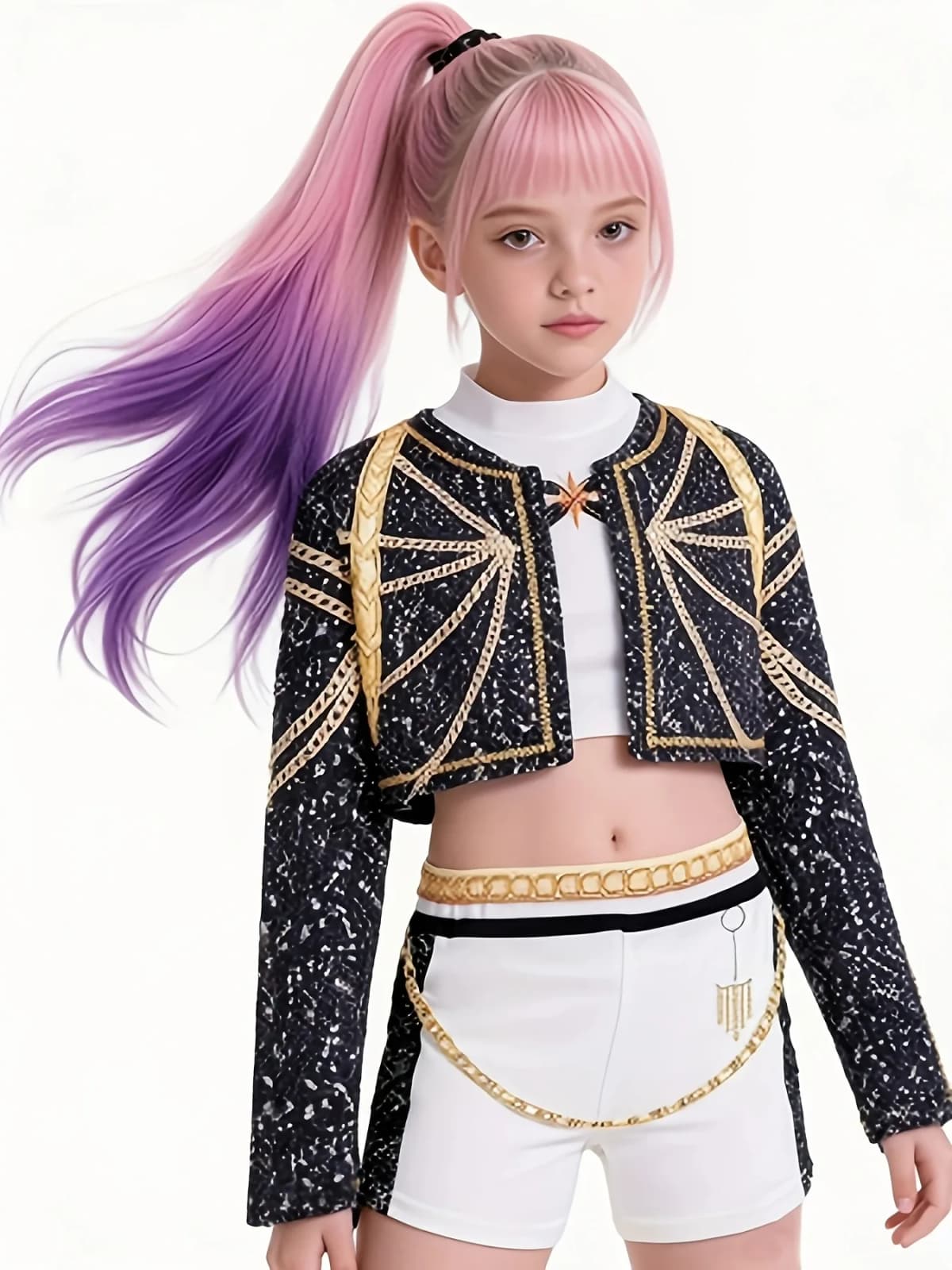 Kids Girls 3-Piece Stage Outfit, Black Gold Trim Cropped Jacket + White Crop Top + Chain Detail Shorts for Dance Performance