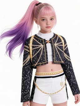 Kids Girls 3-Piece Stage Outfit, Black Gold Trim Cropped Jacket + White Crop Top + Chain Detail Shorts for Dance Performance